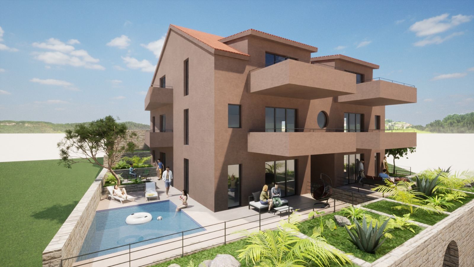Rendering of the Sevid Apartments building with pool and terraces